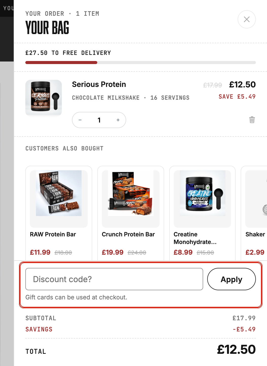 The Team Warrior bag (cart drawer) with the 'Discount code?' box and Apply button highlighted. Underneath it reads: Gift cards can be used at checkout.