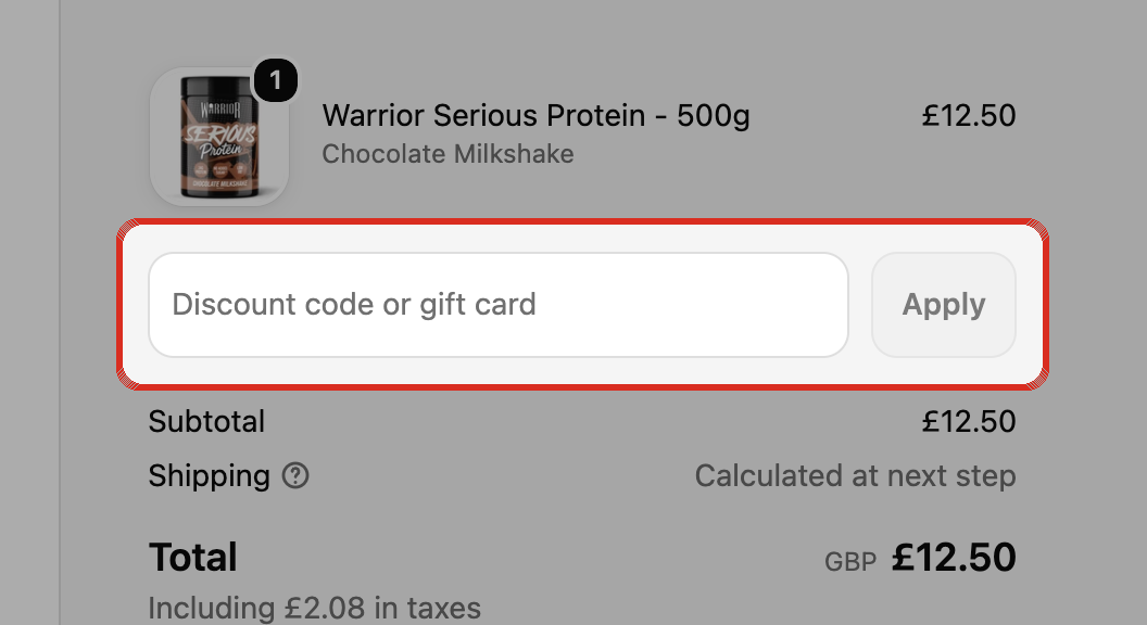 The right-hand side of the Team Warrior checkout. Under your order, the 'Discount code or gift card' box and Apply button are highlighted.